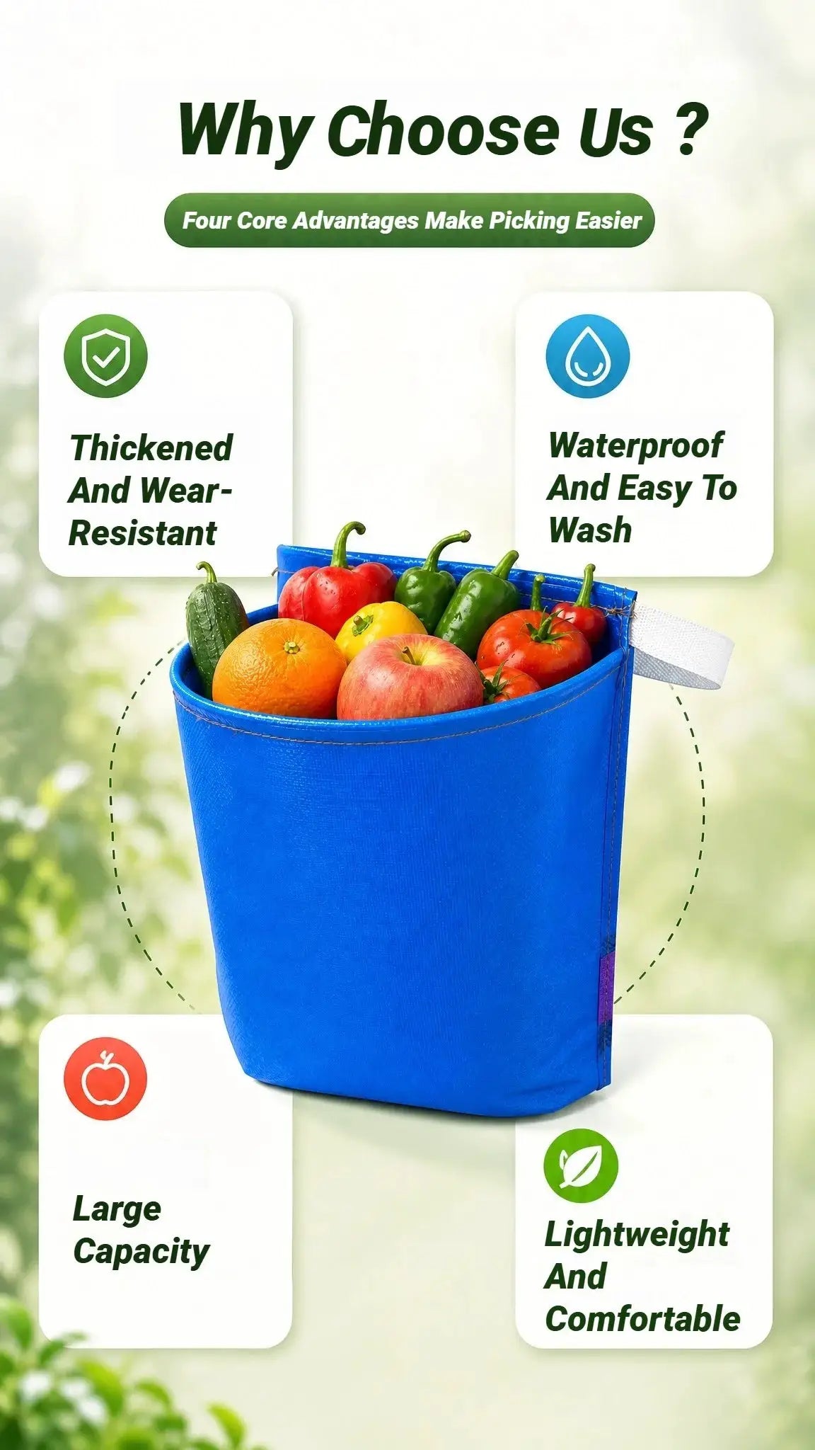 Waterproof fruit and vegetable picking apron harvest bag in blue by Simples Market