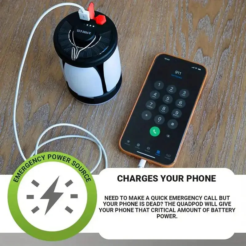Outdoor LED leaf camping lantern by Simples Market, USB rechargeable solar-powered, charging a smartphone.