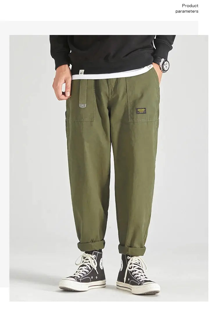 HIQOR men's olive cargo pants with multiple pockets and belt detail, cuffed hems