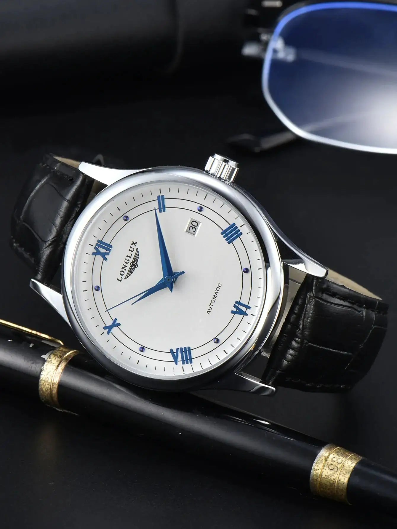 LONGLUX automatic men's watch with silver case, white dial, blue hands, date window, black leather strap
