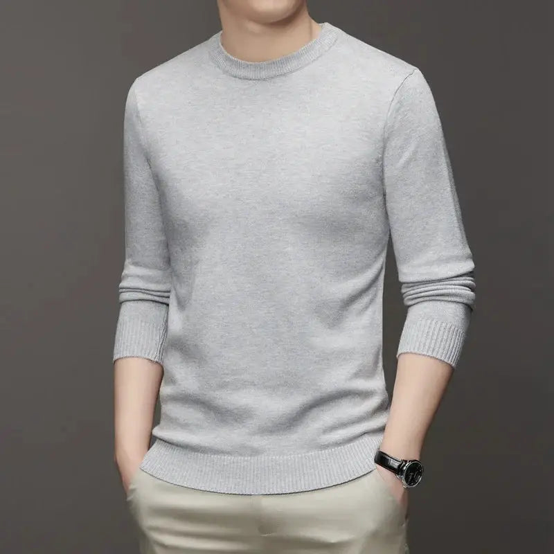 Simples Market men's classic crewneck knit pullover sweater, light gray, long sleeve casual lightweight