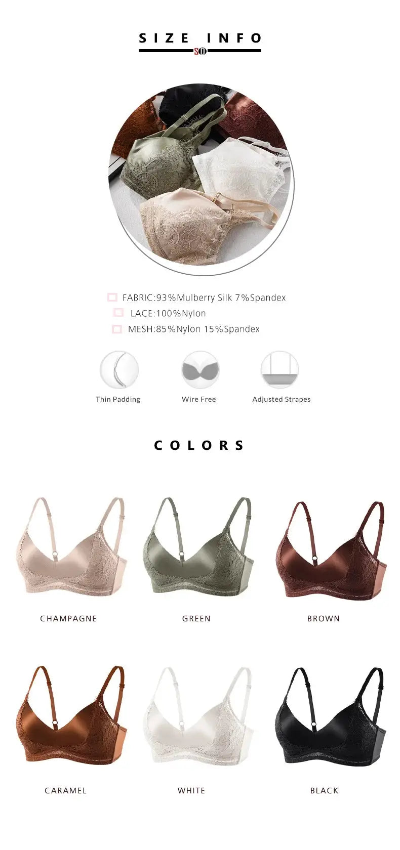 SuyaDream silk lace padded bra set, wire-free, 93% silk 7% spandex, six color options