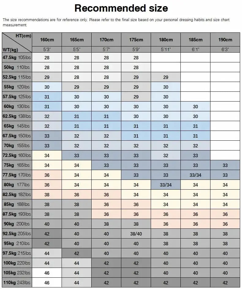 Winter Warm Jeans size chart by Simples Market; height vs weight-based size recommendations.