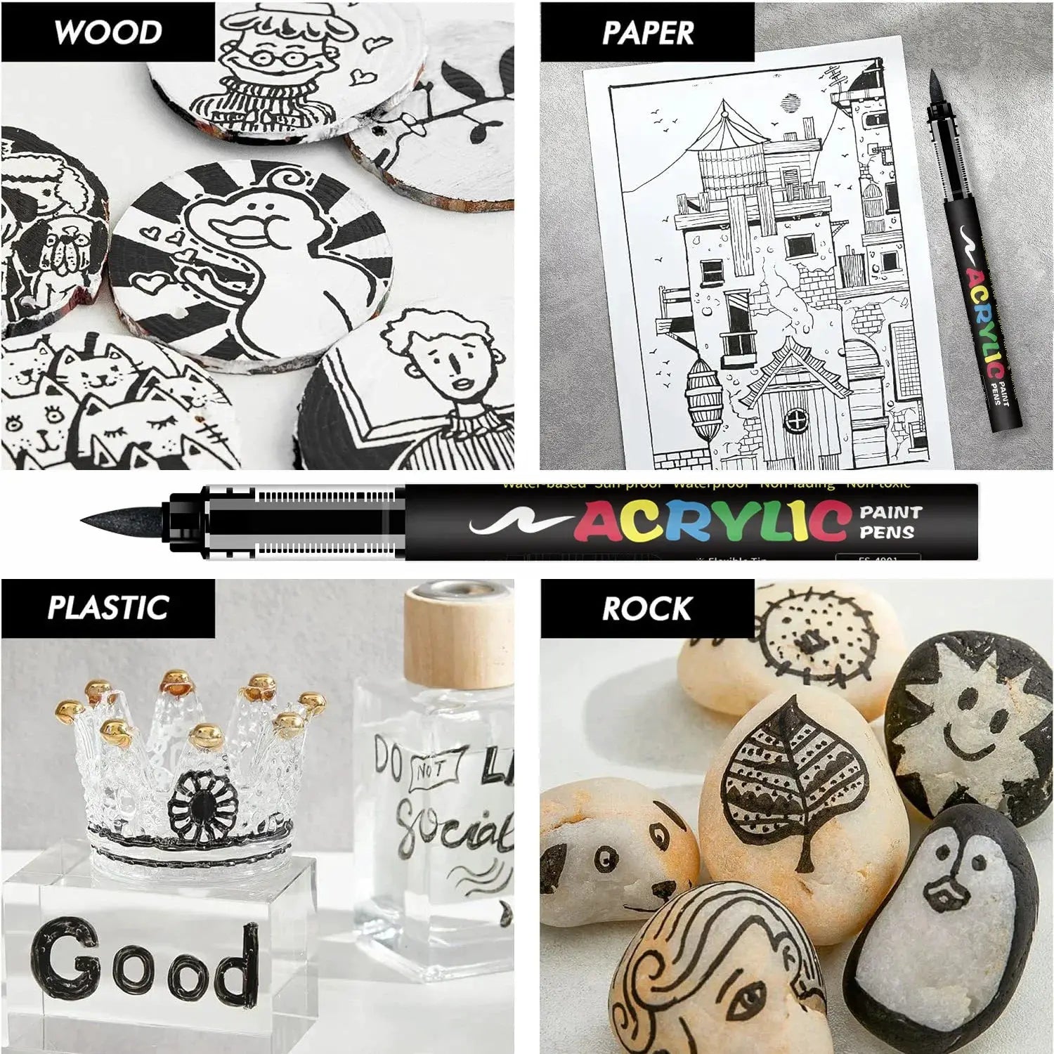 8pcs black and white Simples Market acrylic paint markers set with large ink capacity for illustration sketching on wood
