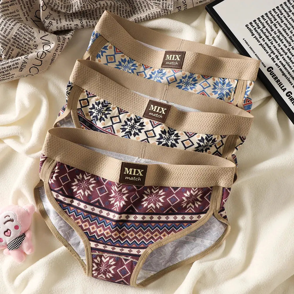 3-pack women's cotton briefs with vintage prints in blue, burgundy, and beige; MIX match waistband