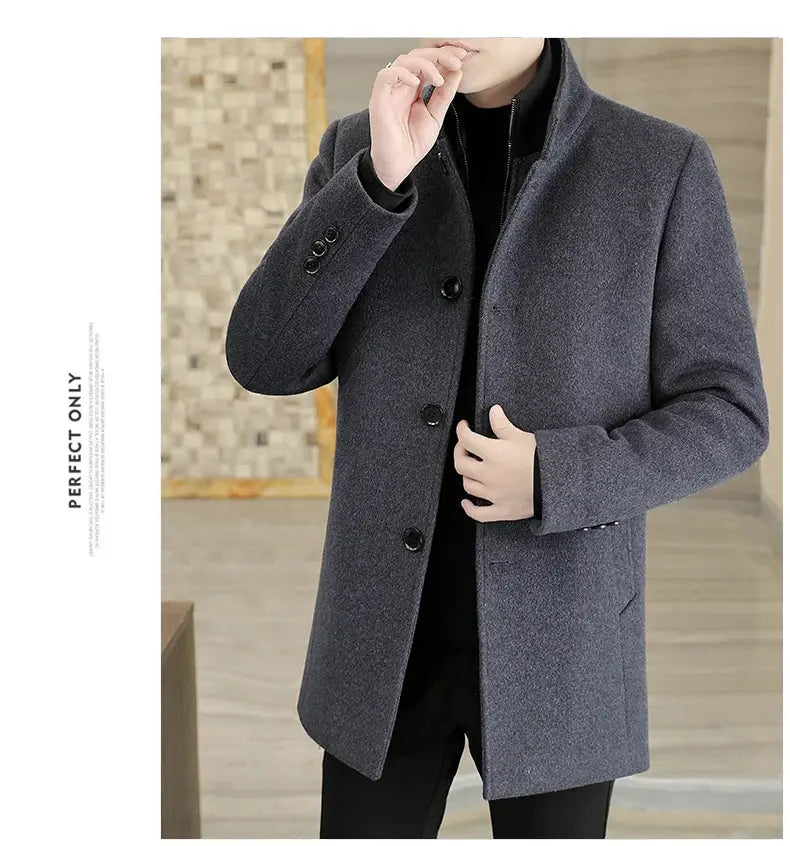 Men's long wool coat in charcoal gray with stand-up collar and removable down liner by Simples Market