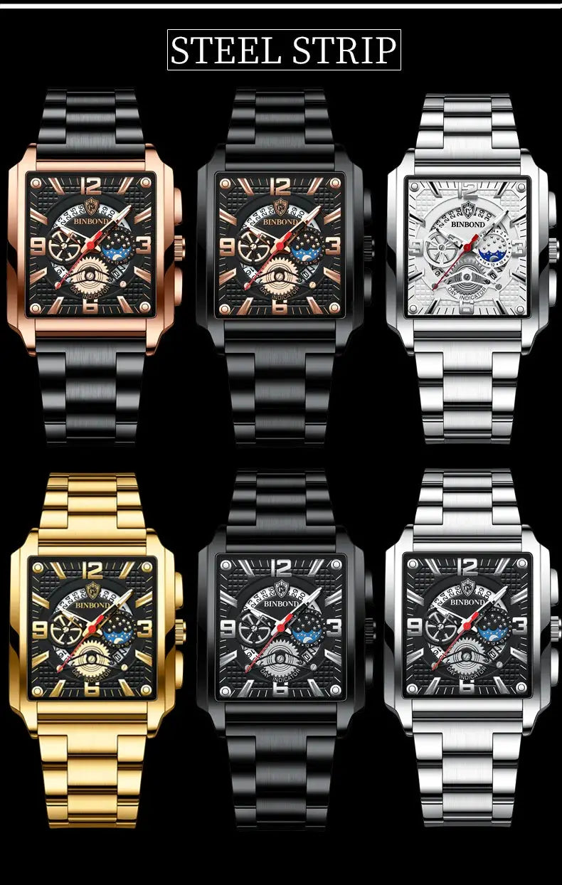 BINBOND men's watches set: six square-dial stainless steel watches in rose gold, black, gold, gunmetal, and silver.
