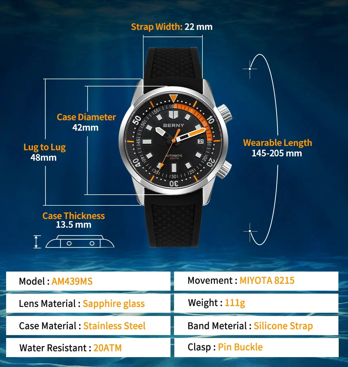 BERNY men's dive watch by Simples Market; black dial with orange accents, stainless steel case, sapphire glass
