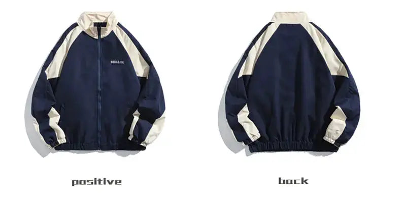 Hip Hop varsity windbreaker jacket by Simples Market in navy and beige patchwork with front zipper; front/back views