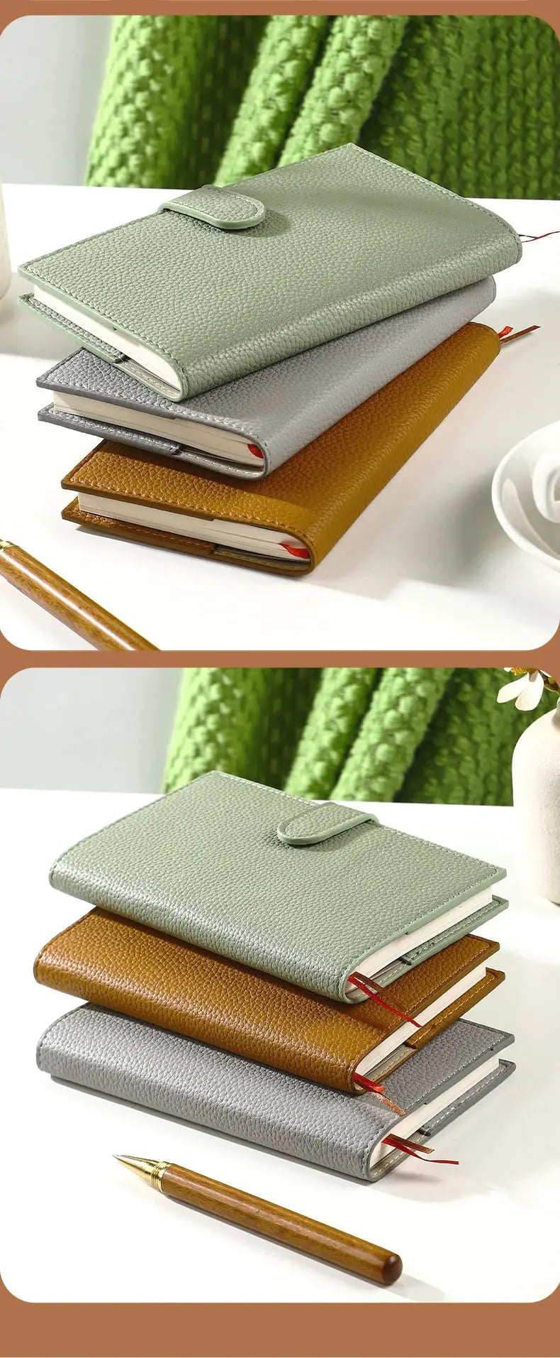 A6 Weekly Planner Notebook by Simples Market; pebble-grain leather covers in sage green, gray, and tan—set of 3.
