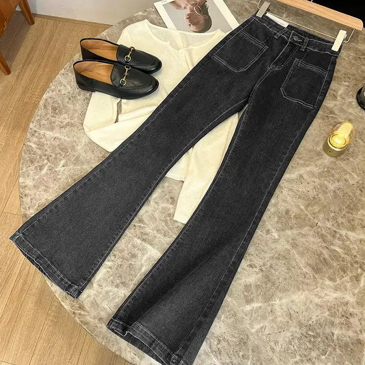 High Waist Loose Jeans Pockets Vintage Washed Denim Flare Trousers