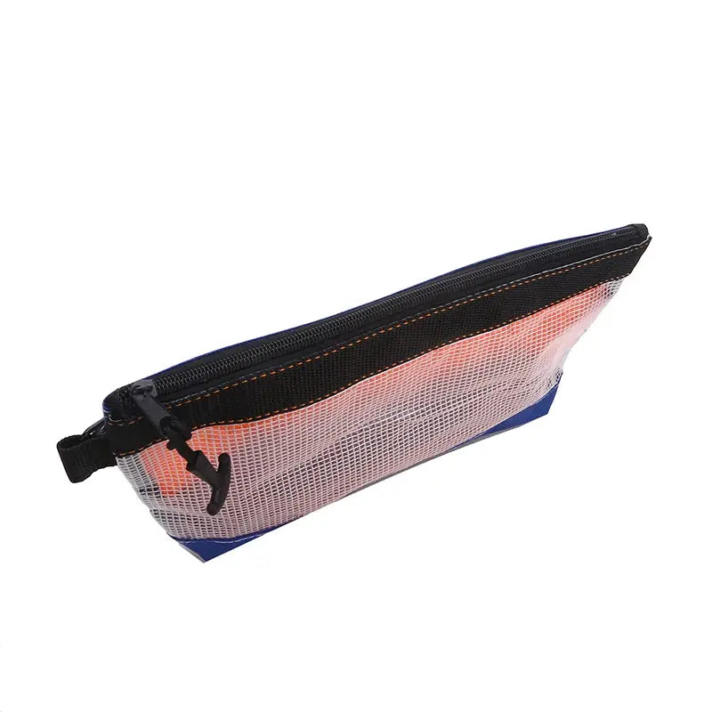 Clear PVC waterproof multi-function organizer pouch for hardware with black zipper and blue base.