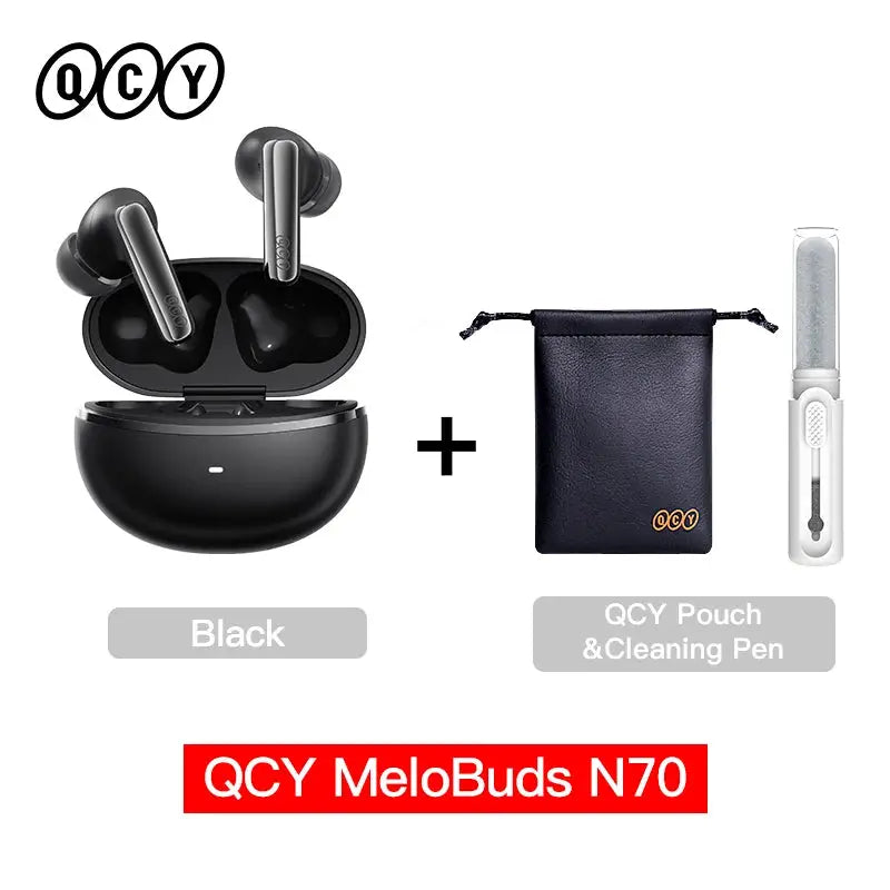 QCY MeloBuds N70 wireless earbuds in black with charging case, plus pouch and cleaning pen