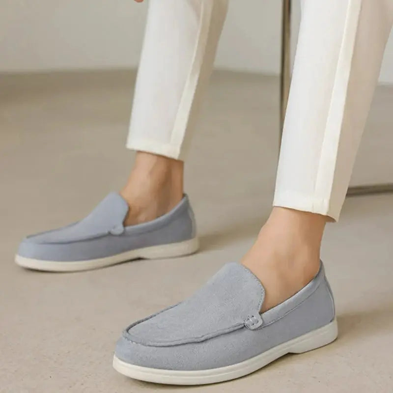 Men's suede loafers by Simples Market, light blue slip-on driving moccasins with white sole