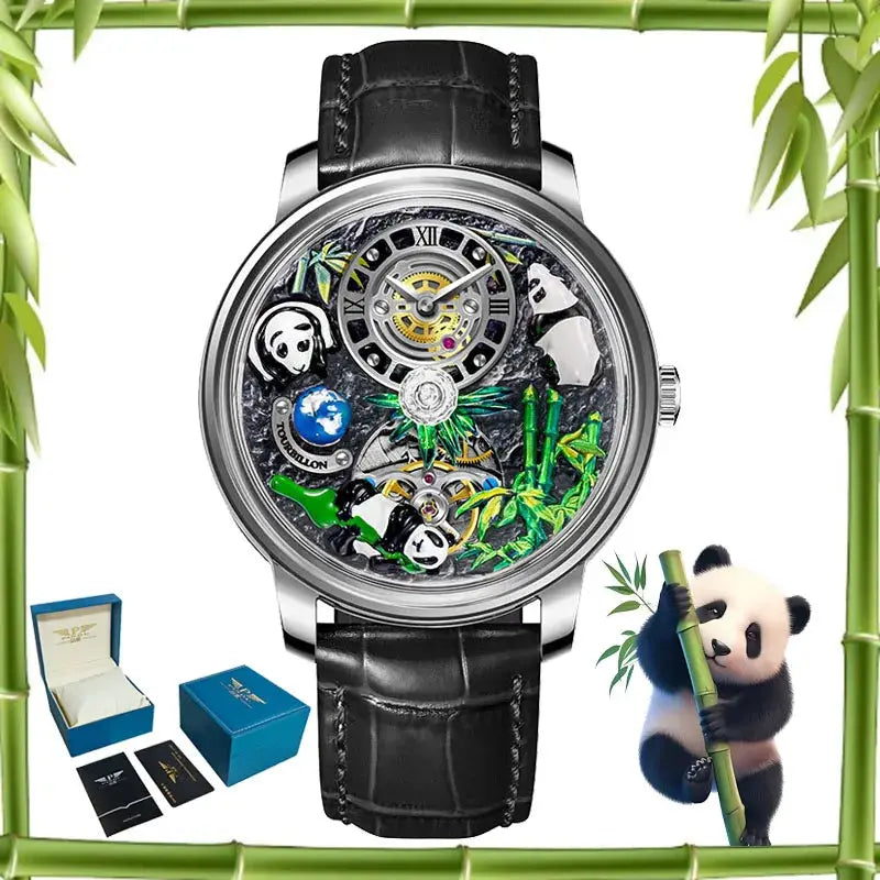 Men's mechanical panda watch by Simples Market, black leather strap, skeleton dial with panda and bamboo art