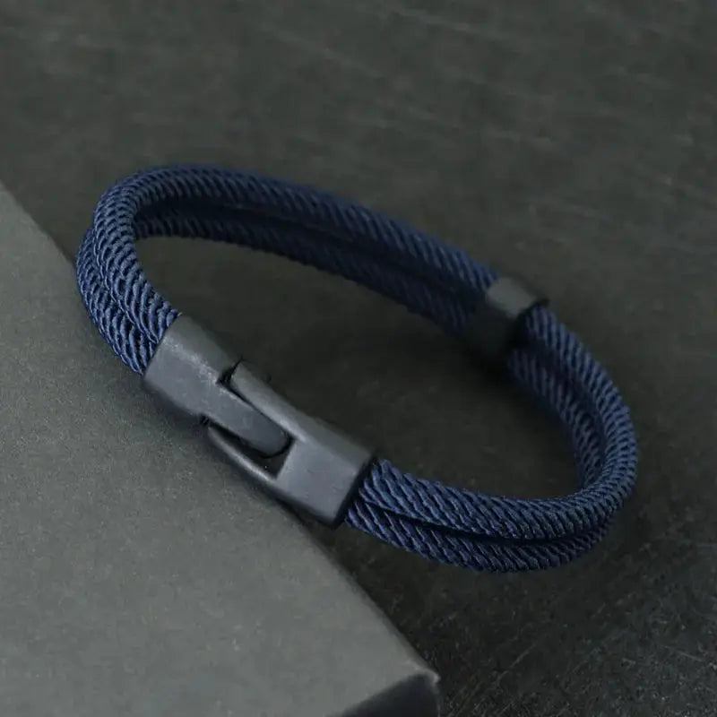 Men's double-layer navy blue rope bracelet with detachable zinc alloy clasp.
