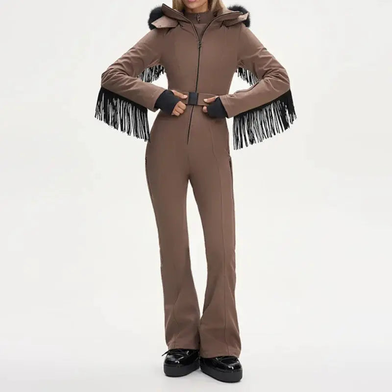 Simples Market brown thicken one-piece ski suit for women with faux fur hood, belt, and black fringe tassels.