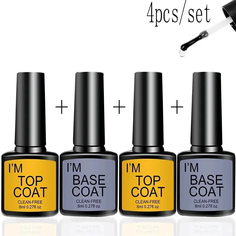 Simples Market gel nail polish set, 4pcs: 2 top coats and 2 base coats in yellow and gray/blue bottles.