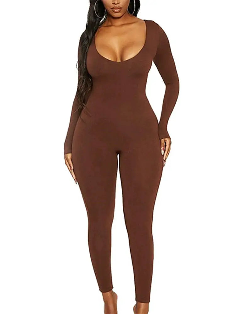 Women's brown long-sleeve skinny jumpsuit, pullover casual wear, Simples Market