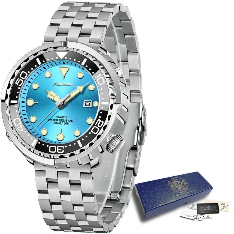 LIGE men’s diver watch with blue dial, stainless steel bracelet, date window, 50ATM water resistant; includes box