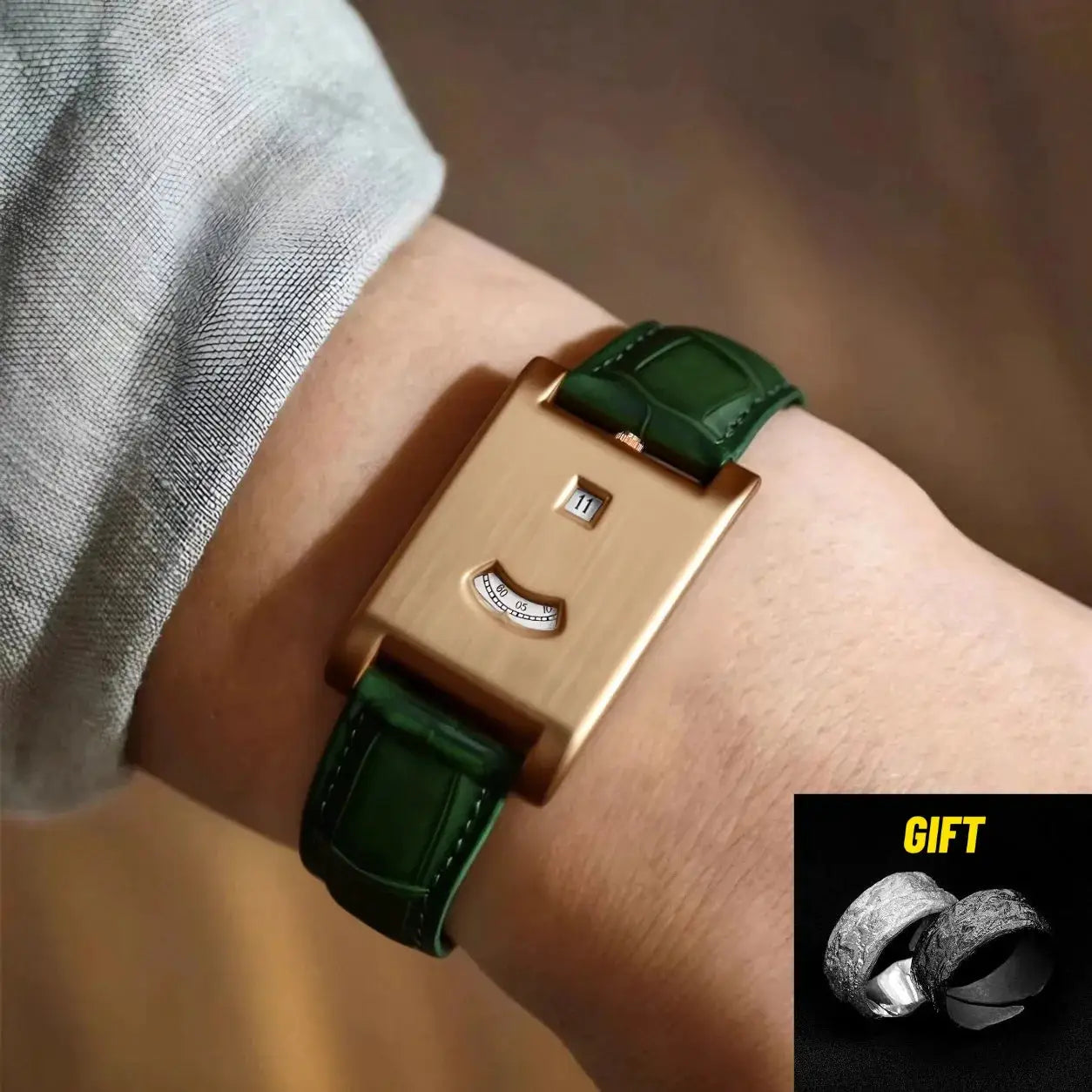 CILOA square men's tank watch with rose-gold case and green leather strap, date window.