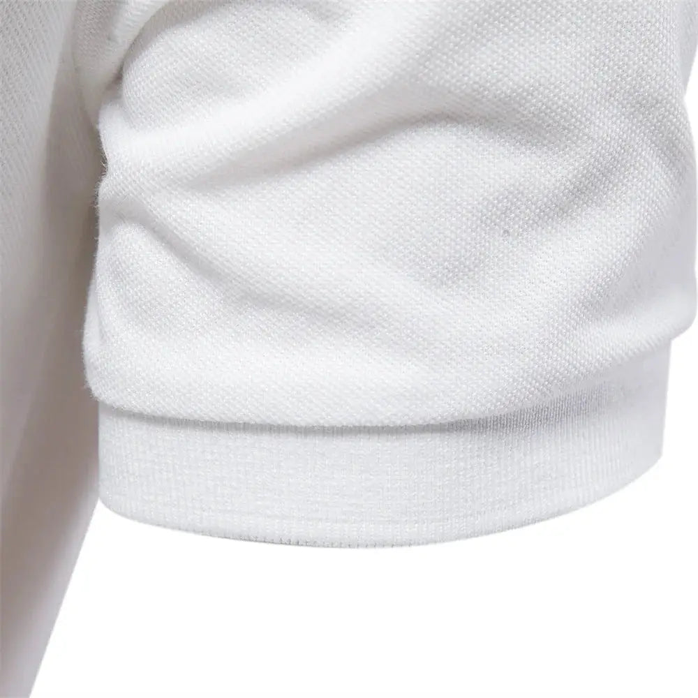 Men's white cotton polo shirt sleeve cuff with knit texture