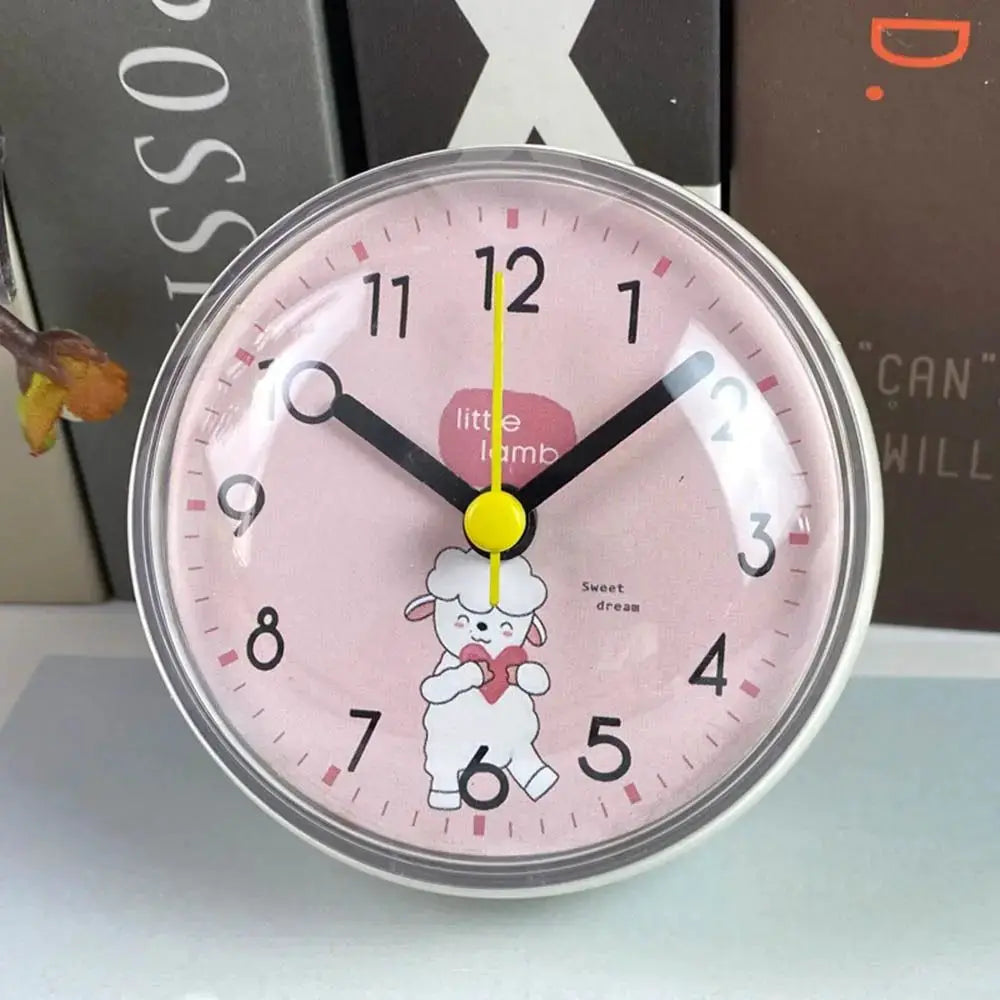 Mini pink wall clock with cartoon lamb holding a heart, quartz, 7cm.