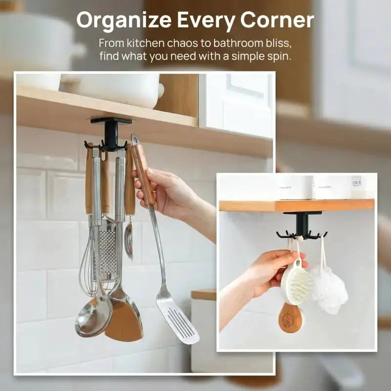 Simples Market 360° rotating adhesive utensil rack with 6 hooks; no-drill cabinet mount for spoons, towels, and cups