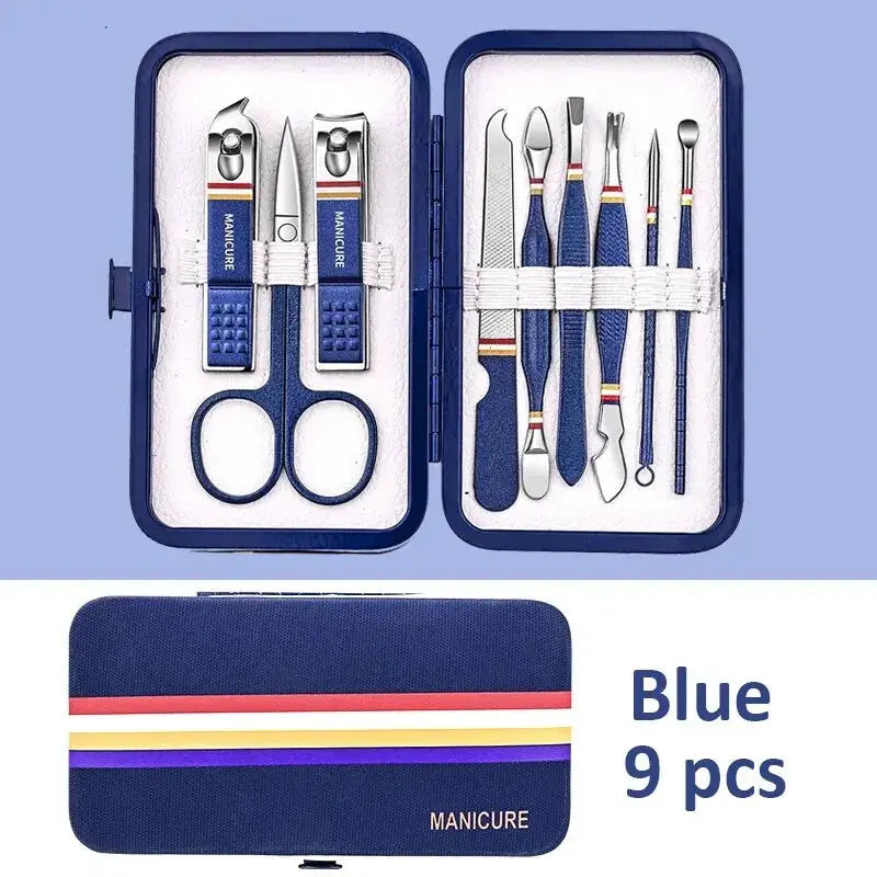 Blue 9-piece stainless steel manicure set in folding case