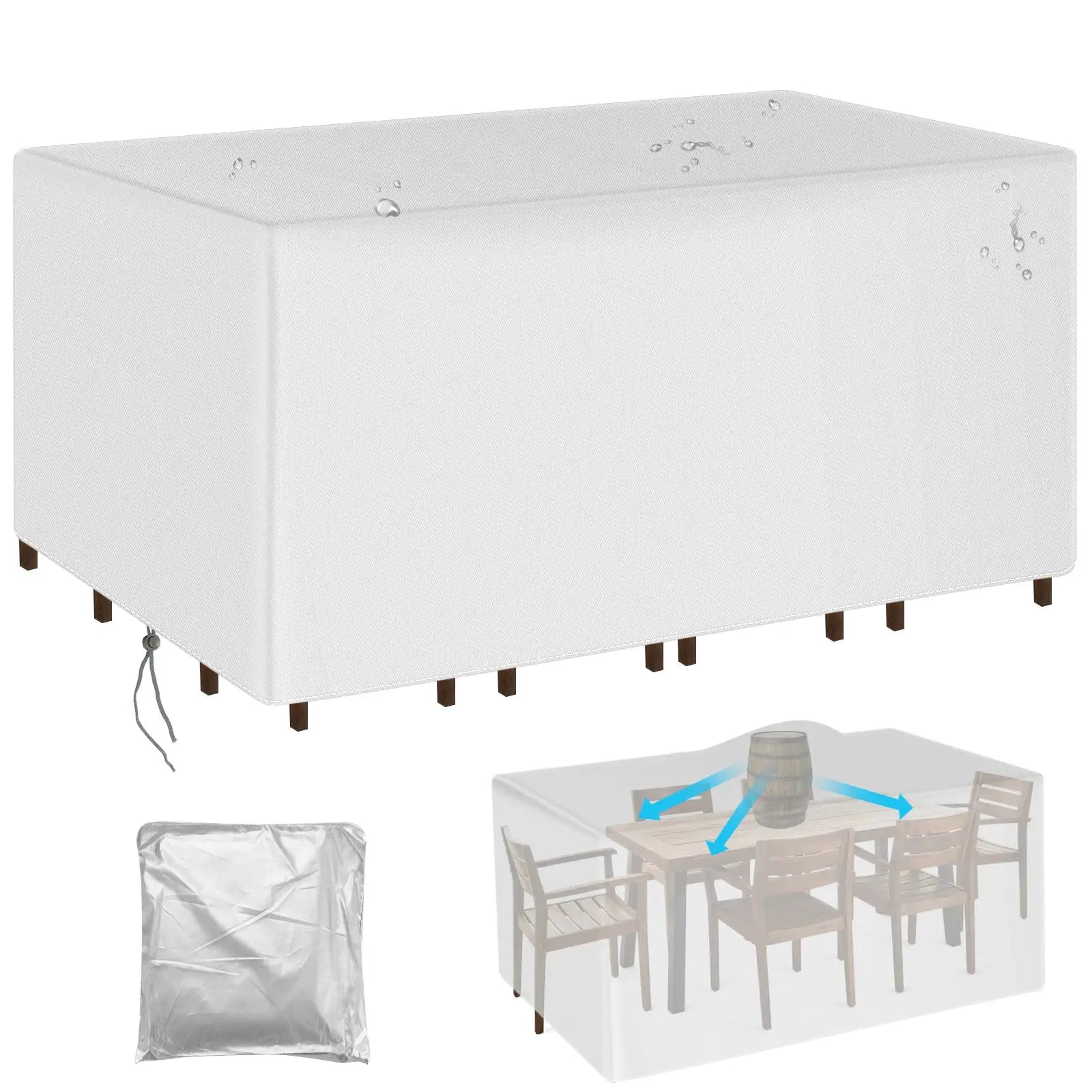 Outdoor furniture cover 210D by Simples Market; white waterproof dust cover for table, sofa and chairs with drawcord.