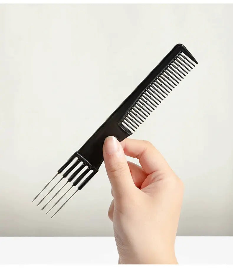 Dual-ended black hair comb brush with metal pin prongs on one end and fine teeth on the other, anti-static smoothing tool