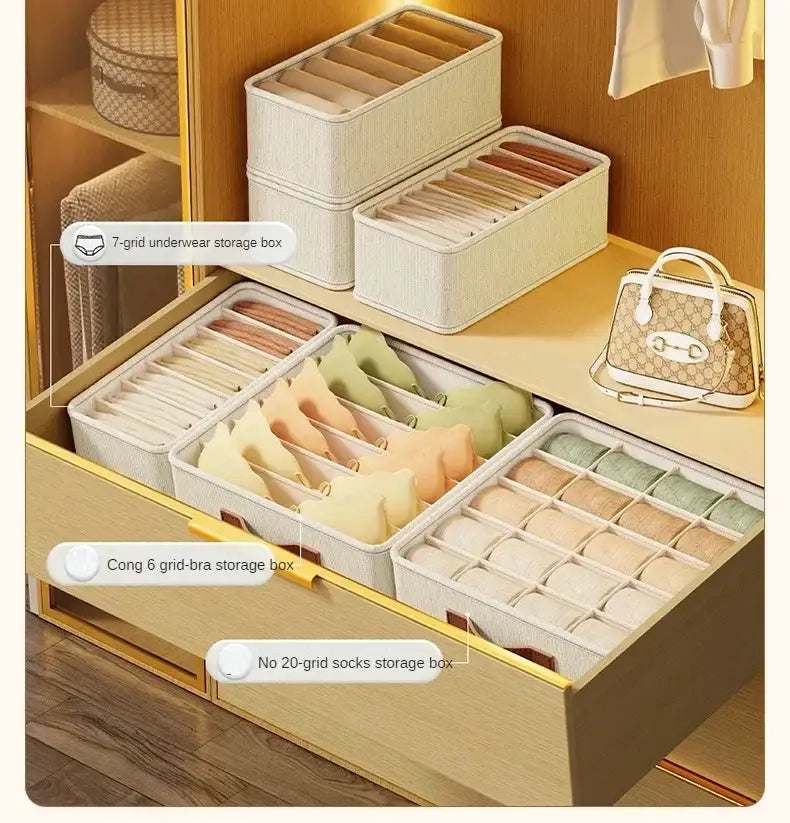Fabric drawer organizers by Simples Market in beige with dividers for underwear, bras and socks 1–5 pc set
