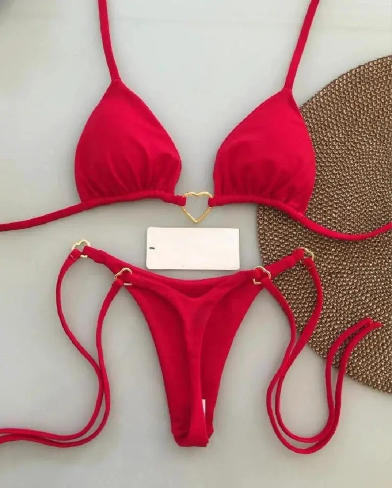 RUOTONSEPT red bikini set by Simples Market, solid color two piece triangle thong with gold heart hardware.