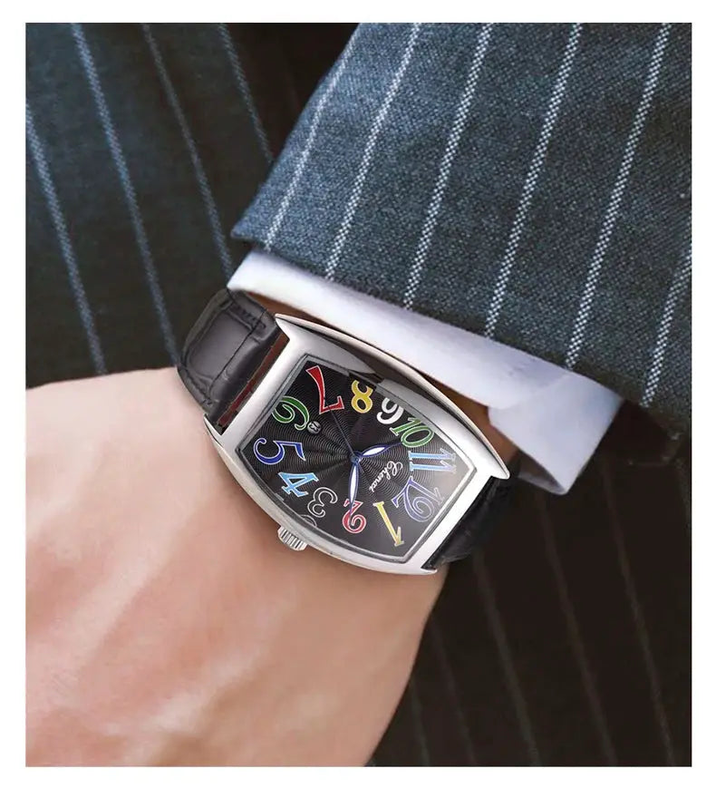 CHENXI men's watch with black leather strap, luminous curved-glass dial and multicolor numerals