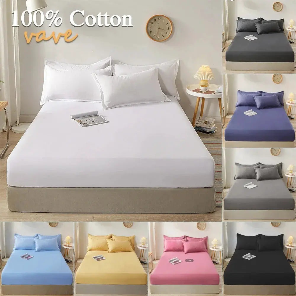 Simples Market full-size cotton fitted sheet with elastic bands; shown in white plus blue, gray, black, yellow, pink