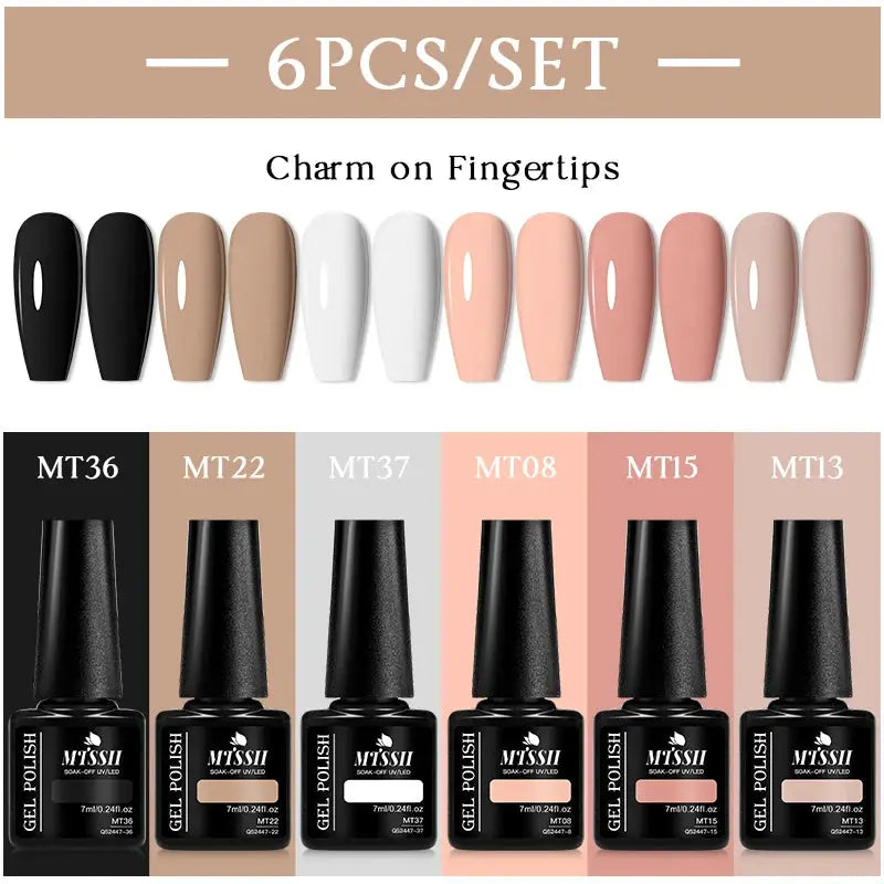 MTSSII 6-color gel nail polish set by Simples Market with neutral to pink shades