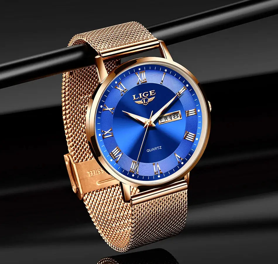 LIGE women's watch with gold-tone stainless steel mesh bracelet, blue dial, Roman numerals, day-date display
