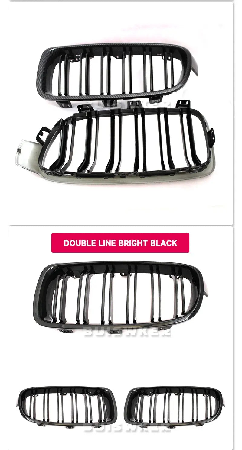BMW F30/F31/F35 front kidney grille, dual-slat design, ABS plastic, bright black, Simples Market