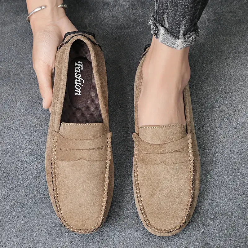 Tan suede men's loafers slip-on driving boat shoes with moccasin stitching, pair