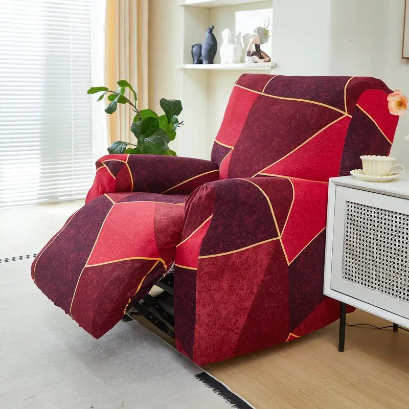 Stretch recliner chair cover in red geometric patchwork pattern