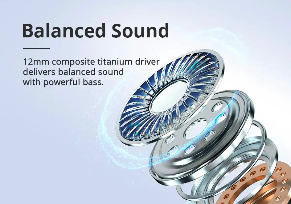 Tronsmart Bluetooth earphones exploded view highlighting a 12mm composite titanium driver and layered components.