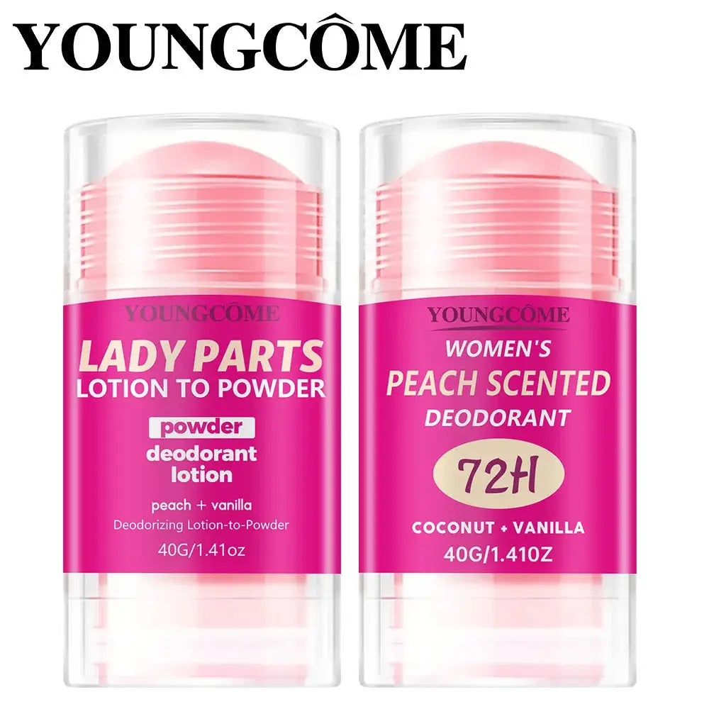 YoungÇôme peach-scented deodorant sticks, 2x40g; left peach-vanilla powder, right coconut-vanilla 72H