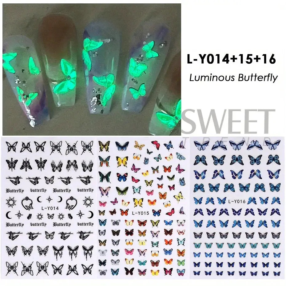 3-sheet luminous butterfly nail decals with blue butterfly designs; glow-in-the-dark manicure stickers