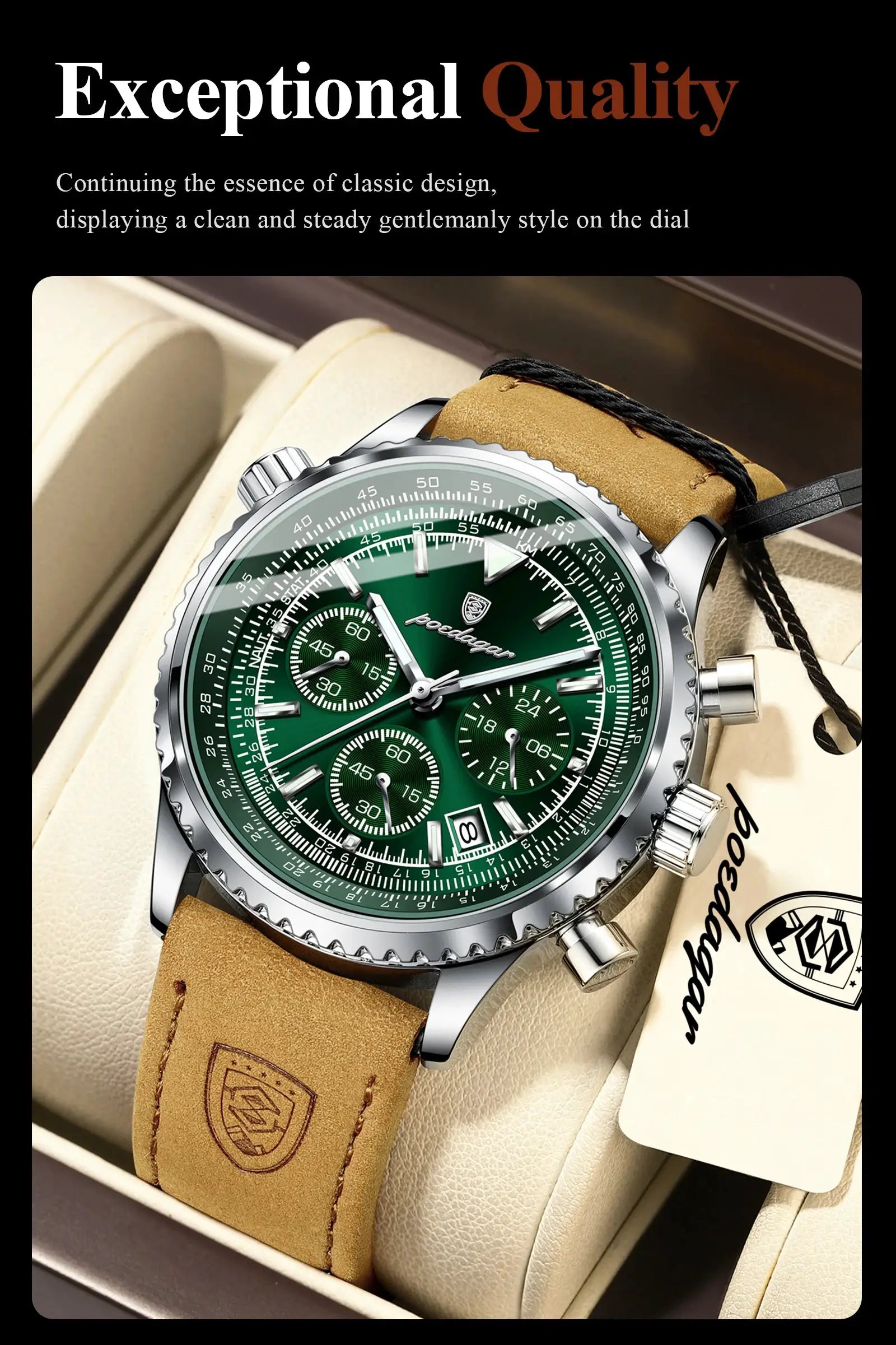 POEDAGAR men's quartz chronograph watch with green dial, tan leather strap, stainless steel case