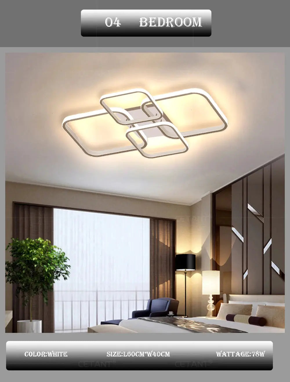 Modern LED ceiling light with four white square frames and black accents, suitable for bedroom or living room.