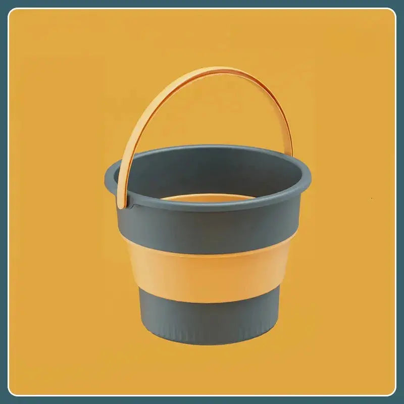 Foldable silicone bucket with handle; blue exterior, yellow midsection, 5/10/17L capacity for car wash and camping