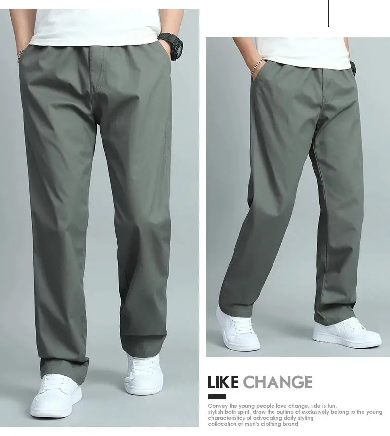Big size men's casual cotton trousers, gray-green, loose-fit straight, multi-pocket, Simples Market; two views.