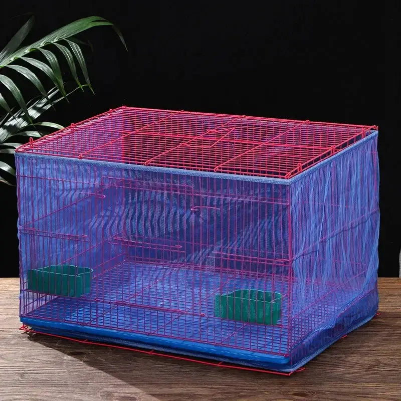 Blue mesh bird cage cover for rectangular cage with pink top frame; easy-clean catcher net