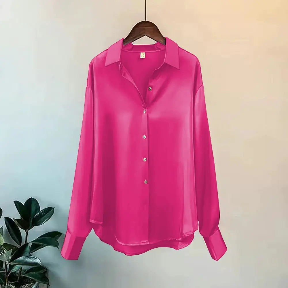 Aurora Couture Satin Blouse For Women All Season Comfort Button Front For Office And Casual Wear