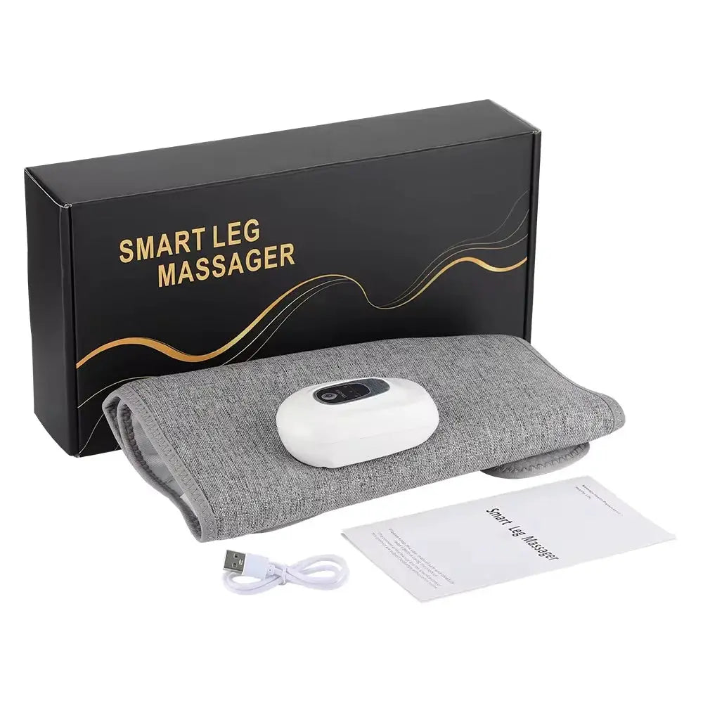 Simples Market smart calf massager with gray fabric wrap, white control unit, USB cable